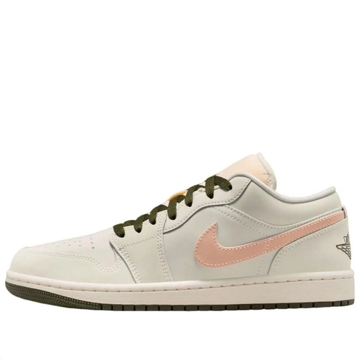 Air Jordan 1 Low Sneakers - Cream with Peach Swooshes & Olive Accents