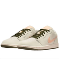Air Jordan 1 Low Sneakers - Cream with Peach Swooshes & Olive Accents
