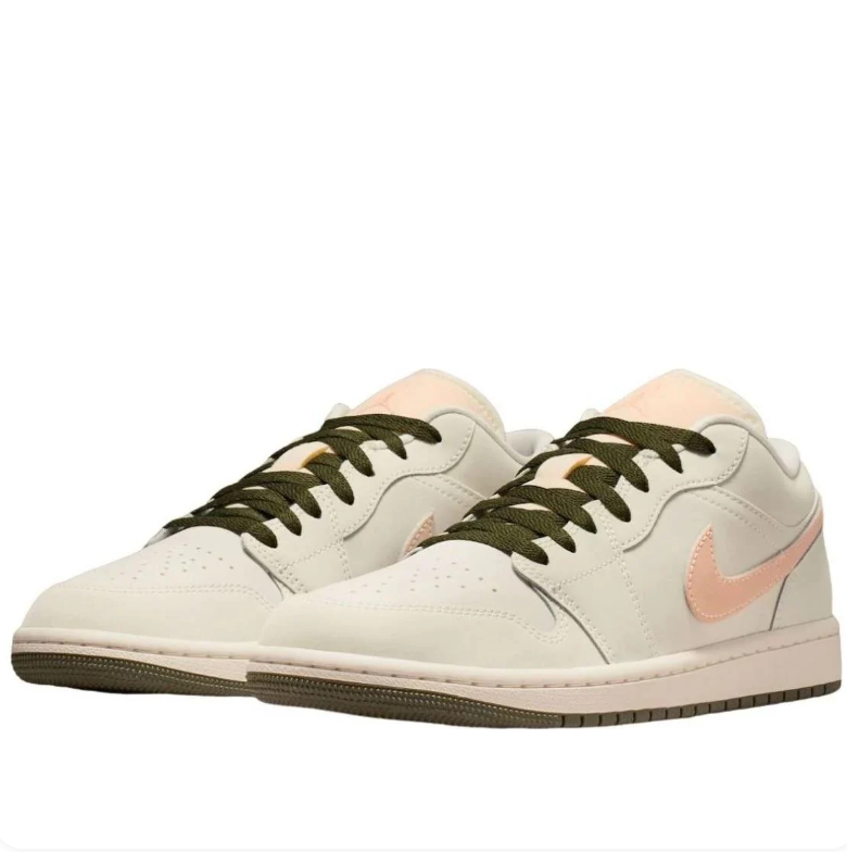 Air Jordan 1 Low Sneakers - Cream with Peach Swooshes & Olive Accents