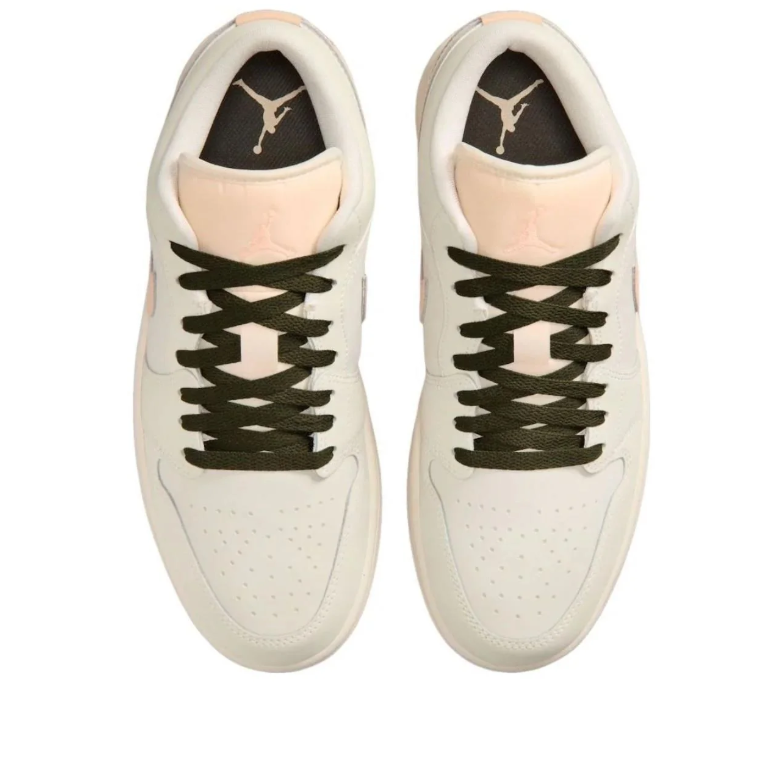 Air Jordan 1 Low Sneakers - Cream with Peach Swooshes & Olive Accents