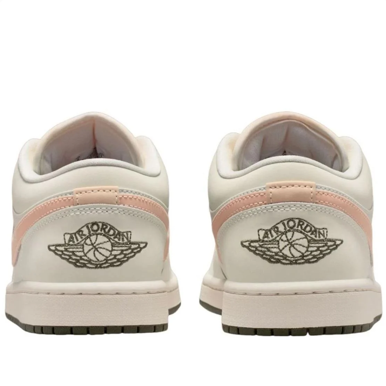 Air Jordan 1 Low Sneakers - Cream with Peach Swooshes & Olive Accents