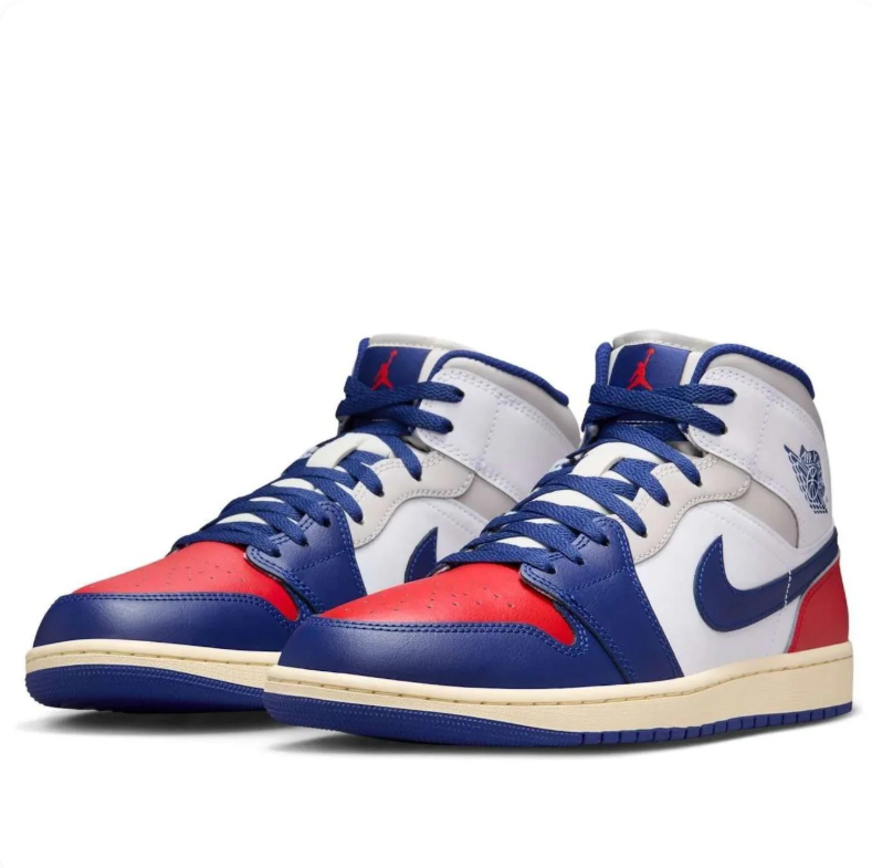 Air Jordan 1 Mid Sneakers - White, Navy & Red with Cream Midsole