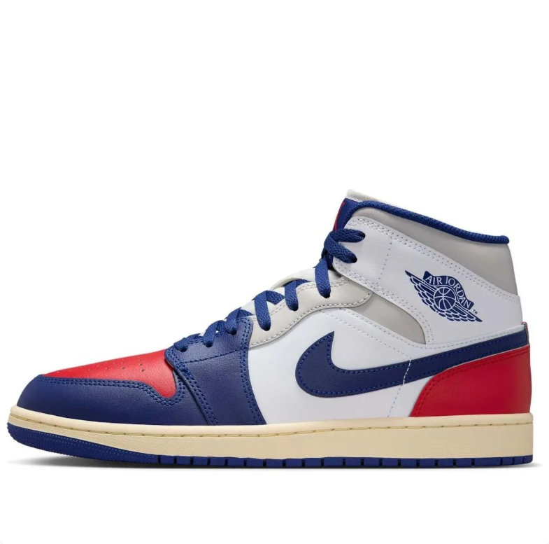 Air Jordan 1 Mid Sneakers - White, Navy & Red with Cream Midsole