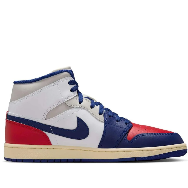 Air Jordan 1 Mid Sneakers - White, Navy & Red with Cream Midsole