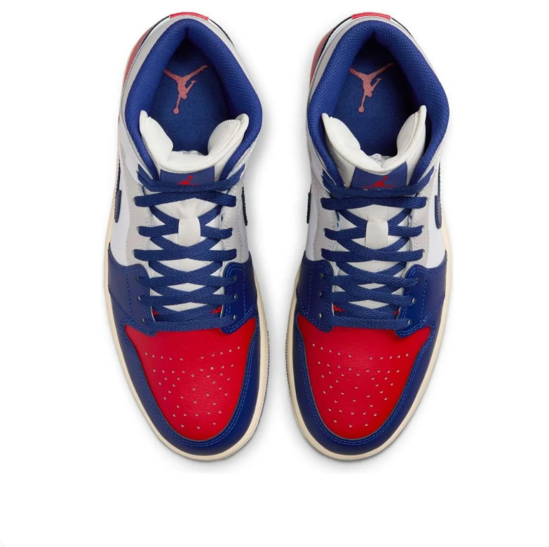 Air Jordan 1 Mid Sneakers - White, Navy & Red with Cream Midsole