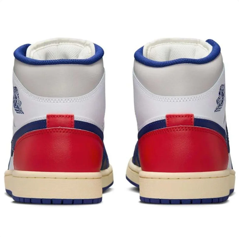 Air Jordan 1 Mid Sneakers - White, Navy & Red with Cream Midsole