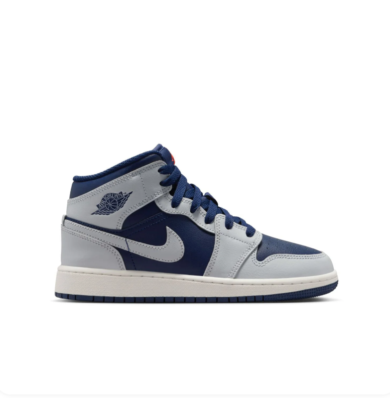 Air Jordan 1 Mid Sneakers - Navy & Light Gray with Red Jumpman Details