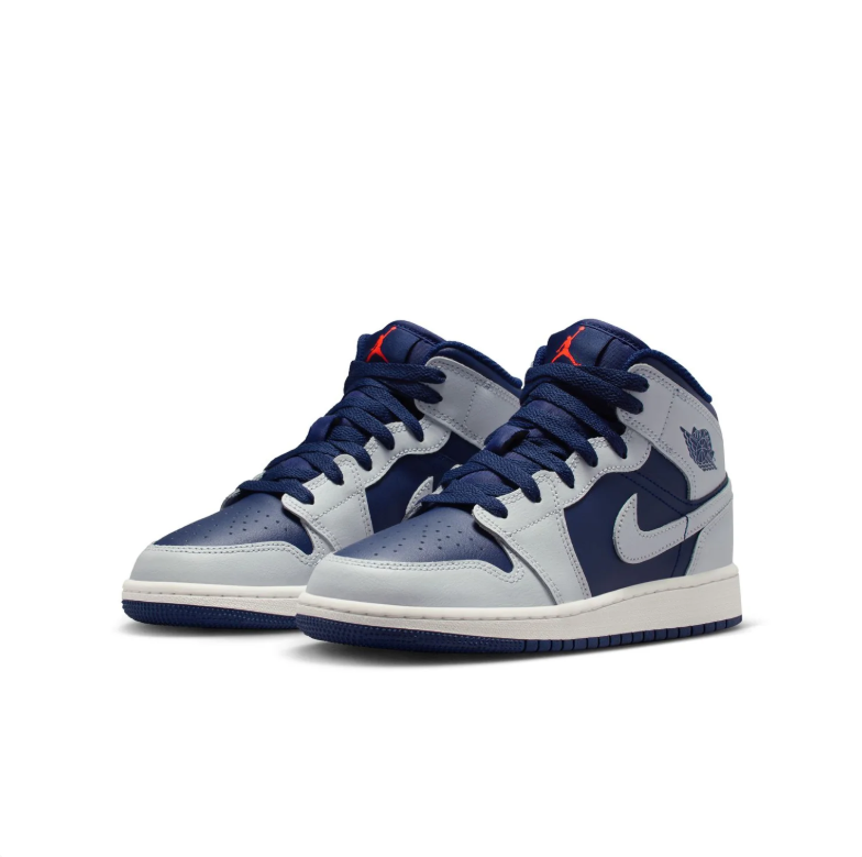 Air Jordan 1 Mid Sneakers - Navy & Light Gray with Red Jumpman Details