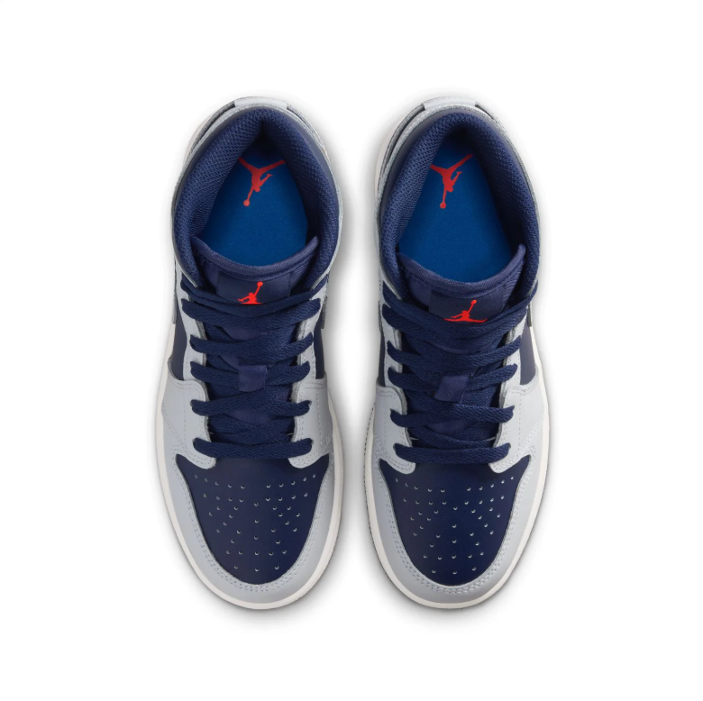 Air Jordan 1 Mid Sneakers - Navy & Light Gray with Red Jumpman Details