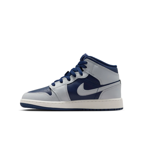 Air Jordan 1 Mid Sneakers - Navy & Light Gray with Red Jumpman Details