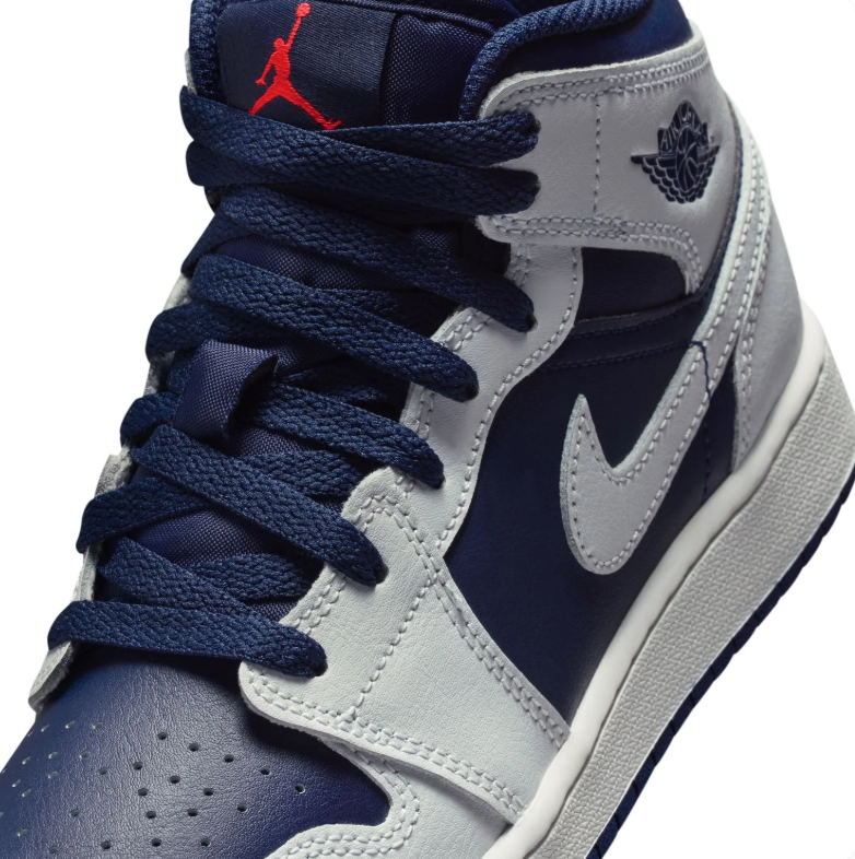 Air Jordan 1 Mid Sneakers - Navy & Light Gray with Red Jumpman Details