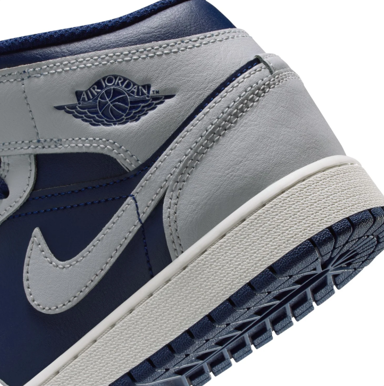 Air Jordan 1 Mid Sneakers - Navy & Light Gray with Red Jumpman Details